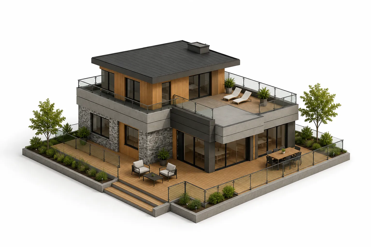 Isometric cutaway of a home showing roofing, fascia, gutters, railings, decking, stairs and interior renovation
